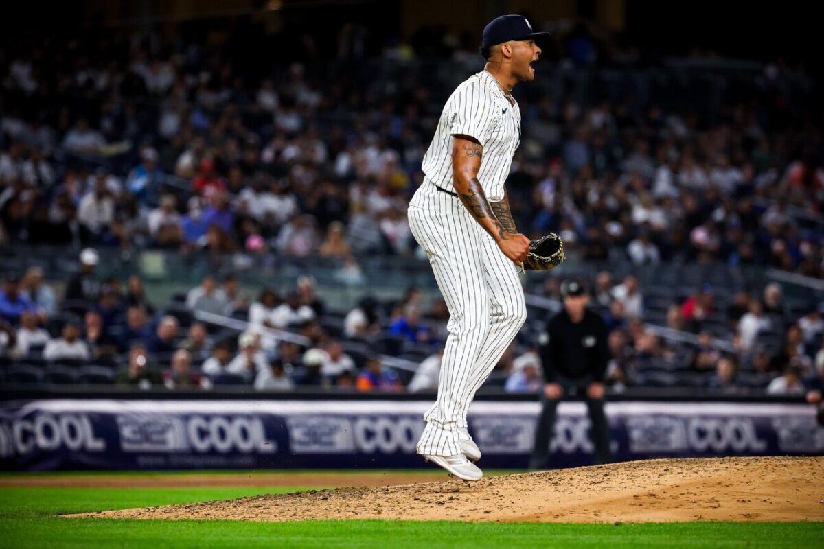 Yankees' Luis Gil shouts during his pitching against the Astros at Yankee Stadium on May 8, 2024.