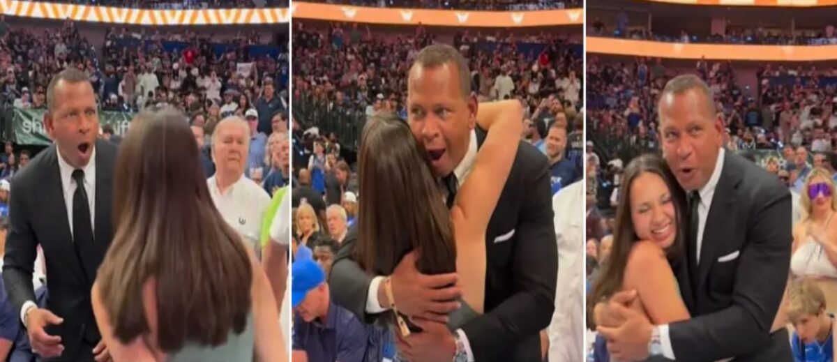Ex-Yankees great Alex Rodriguez reacts after his 19-year-old daughter Natasha surprised him at Timberwolves' playoff game against the Mavericks on May 27, 2024, in Dallas.