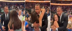 Ex-Yankees great Alex Rodriguez reacts after his 19-year-old daughter Natasha surprised him at Timberwolves' playoff game against the Mavericks on May 27, 2024, in Dallas.