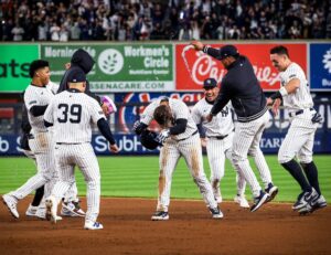 The New York Yankees are doing customary celebration after Rizzo's walk off gave then win over the Tigers at Yankee Stadium on May 4, 2024.