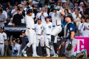 Juan Soto celebrates with Aaron Judge after hitting his second home run in the game vs. the Mariners at Yankee Stadium on May 22, 2024.