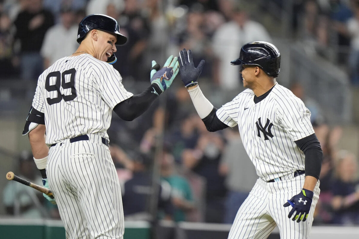 Aaron Judge is with Juan Soto after hitting a home run the game vs. the Mariners at Yankee Stadium on May 22, 2024.