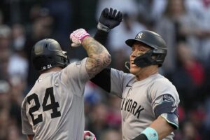 New York Yankees’ Aaron Judge, right, celebrates with Alex Verdugo after hitting a two-run home run during the fourth inning of a baseball game against the Los Angeles Angels Thursday, May 30, 2024, in Anaheim, Calif.