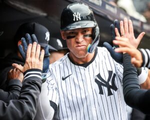 Aaron Judge in the Yankees dugout after hitting a home run against the Tigers on May 5, 2024.