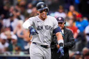 Yankees star Aaron Judge reacts after hitting a home run against the Padres in San Diego on May 25, 2024.