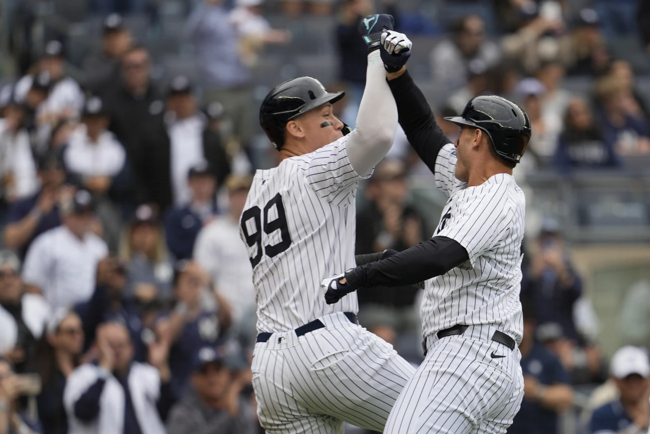 Aaron Judge and Anthony Rizzo celebrates after Rizzo's three-run homer in the Yankees vs. Tigers game at Yankee Stadium on May 4, 2024.