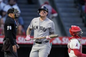 New York Yankees’ Alex Verdugo reacts after striking out swinging during the fifth inning of the team’s baseball game against the Los Angeles Angels, Tuesday, May 28, 2024, in Anaheim, Calif.