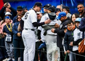 Yankees ace Gerrit Cole signs autographs for season ticket holder and premier audience at Yankee Stadium on April 21, 2024.