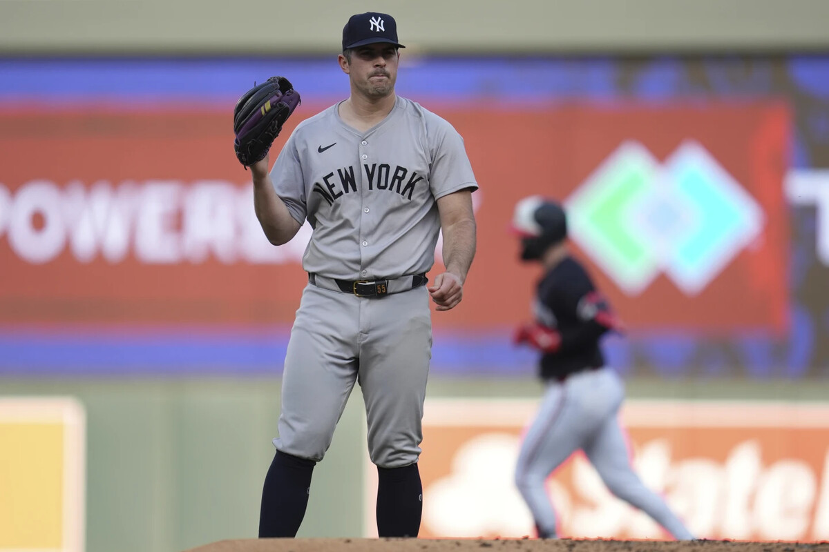 New York Yankees starting pitcher Carlos Rodón stands on the mound after a solo home run by Minnesota Twins’ Ryan Jeffers during the first inning of a baseball game Tuesday, May 14, 2024, in Minneapolis.