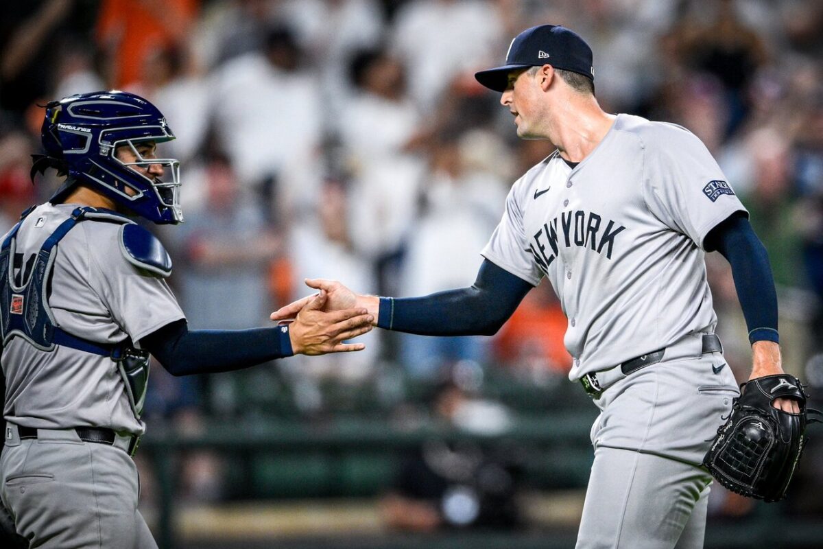 Yankees' closer Clay Holmes is with Jose Trevino after the win over the Orioles in Baltimore on May 1, 2024.