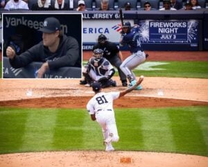 Yankees' Luis Gil pitches and inset Gerrit Cole giving him signals from the dugout. New York. May 23, 2024.