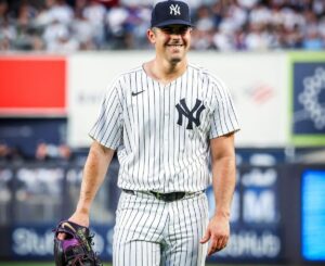 Yankees starter Carlos Rodon leaves mound happily after pitching against the Houston Astros, May 8, 2024, in New York.