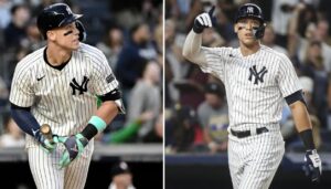 Yankees slugger Aaron Judge rounds bases after hitting a 473-ft moonshot vs, the Astros at Yankee Stadium on May 9, 2024.