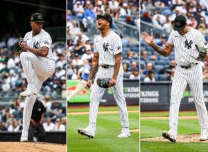 Yankees' Luis Gil in action during his 14-K's game vs. the White Sox on May 18, 2024, at Yankee Stadium.