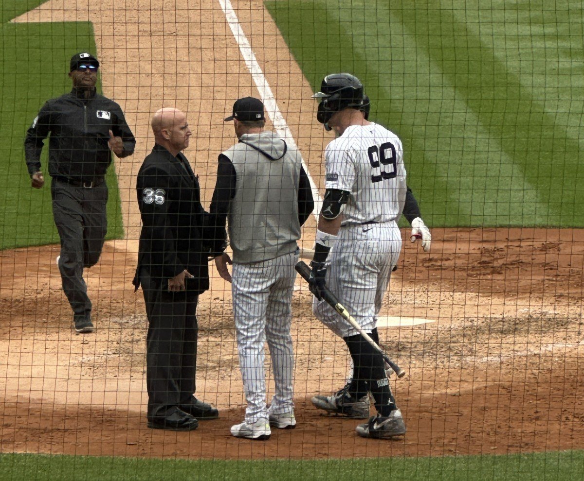 Aaron Boone argues with umpire after Aaron Judge is ejected in Yankees vs. Tigers game at Yankee Stadium on May 4, 2024.