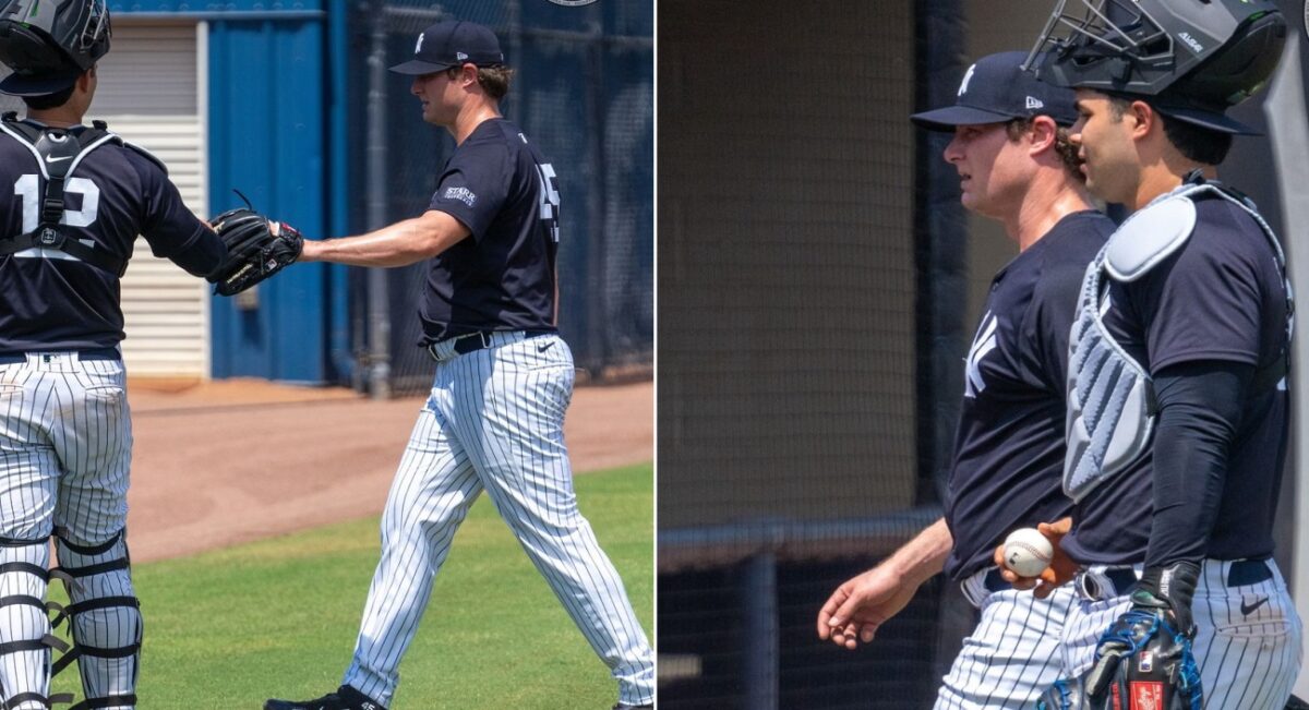 Gerrit Cole is with catcher Antonio Gomez after 43-pitch live at the Yankees Minor League complex in Tampa on May 30, 2024.