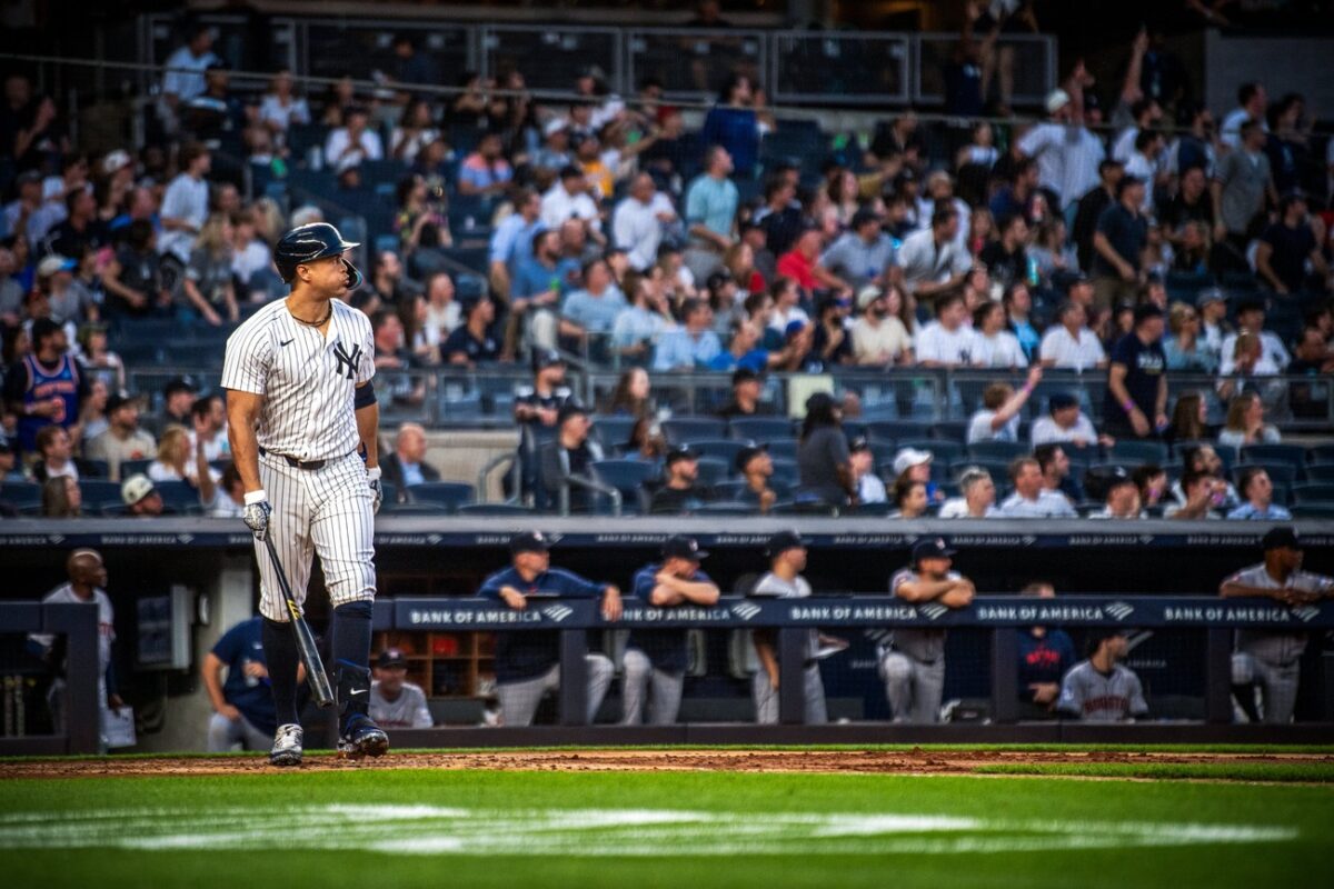 Yankees'  Giancarlo Stanton unleashed a monstrous 119.9 mph home run against the Houston Astros on May 8, 2024, at Yankee Stadium.