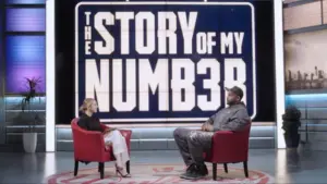 Gracie Cashman (left) and CC Sabathia on the set of “The Story of My Number.”