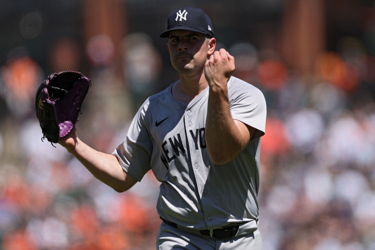 BALTIMORE, MARYLAND - MAY 02: Starting pitcher Carlos Rodón #55 of the New York Yankees celebrates the end of the second inning against the Baltimore Orioles at Oriole Park at Camden Yards on May 2, 2024 in Baltimore, Maryland