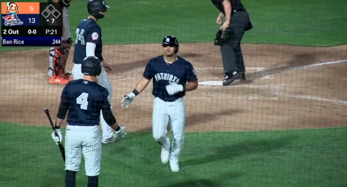 Jasson Dominguez celebrating after score a homer on May 31, 2024.