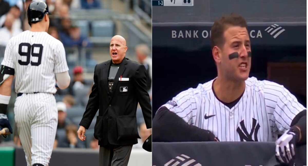 Anthony Rizzo screams at umpire, who ordered tthe ejection of Aaron Judge in Yankees vs. Tigers game at Yankee Stadium on May 4, 2024.