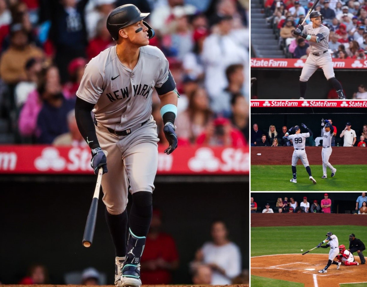 New York Yankees’ Aaron Judge hits a home run during the fourth inning of a baseball game against the Los Angeles Angels Thursday, May 30, 2024, in Anaheim, Calif.