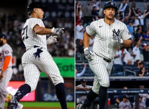 Yankees' Giancarlo Stanton reacts after hitting a monstrous 119.9 mph home run against the Houston Astros on May 8, 2024, at Yankee Stadium.
