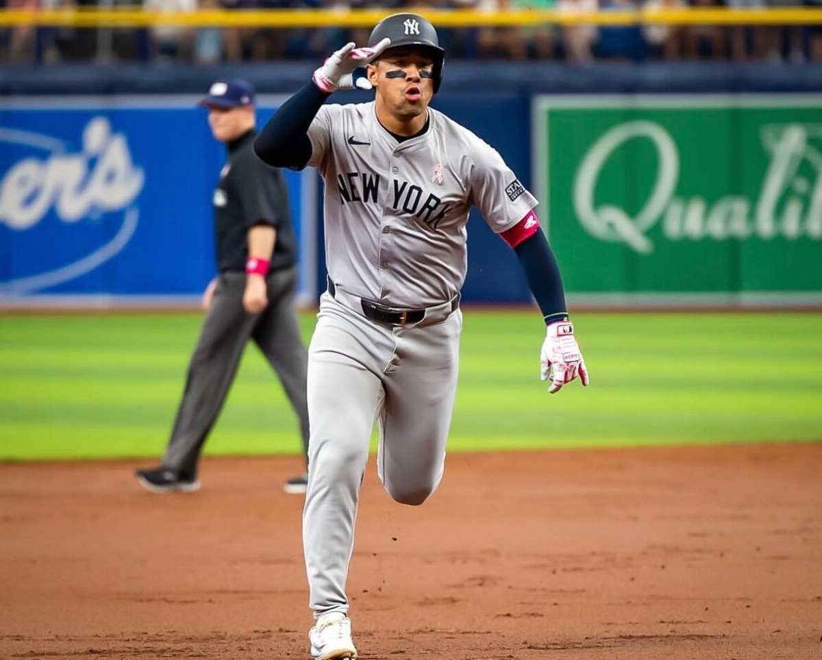 Yankees' Jahmai Jones rounds bases after his first career home run that came against the Rays at Tropicana on May 12, 2024.