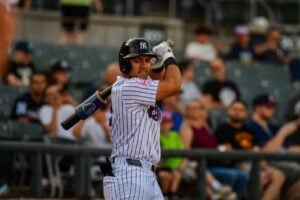 Jasson Dominguez, player of the new york yankees in action for the minor league baseball in 2024