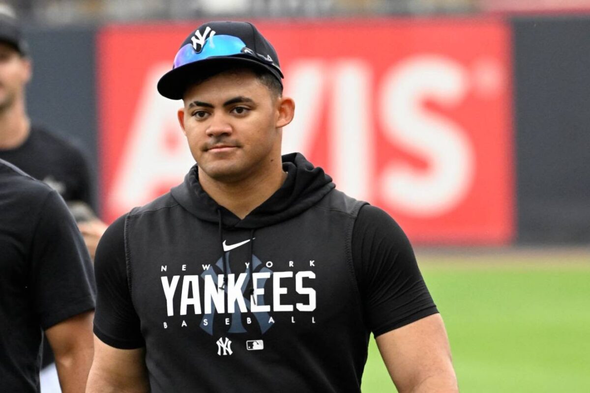 TAMPA, FLORIDA - MARCH 16, 2024: Jasson Dominguez #89 of the New York Yankees looks on prior to a spring training game against the Toronto Blue Jays at George M. Steinbrenner Field on March 16, 2024 in Tampa, Florida.