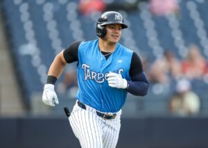 Yankees outfielder Jasson Dominguez is at his first rehab game playing for the Tarpons on May 14, 2024, in Tampa.