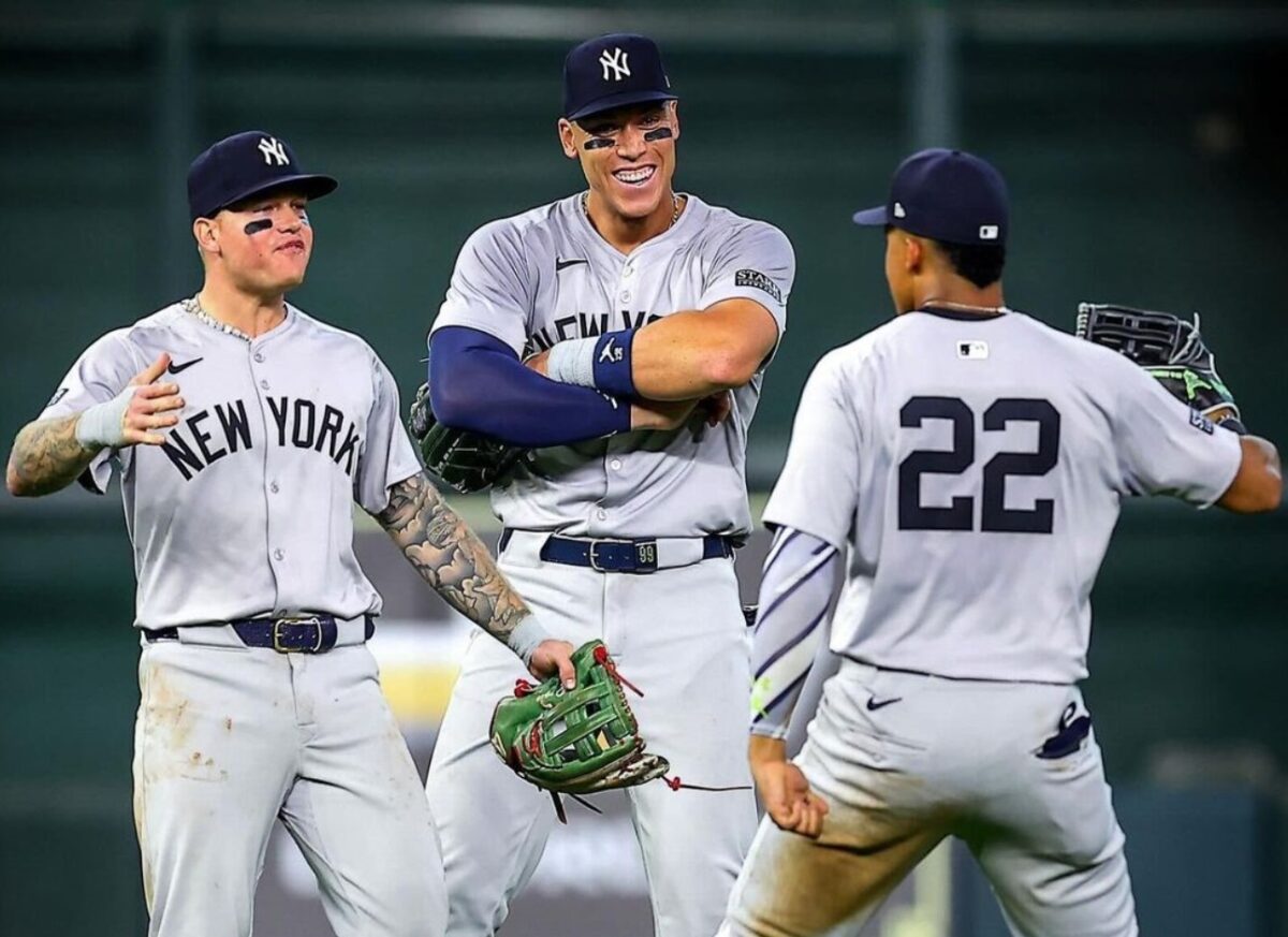Aaron Judge, Juan Soto, and Alex Verdugo celebrate after the Yankees beat the Astros at Minute Maid Park White Sox 7-2 at Yankee Stadium on May 19, 2024.