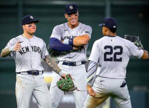 Aaron Judge, Juan Soto, and Alex Verdugo celebrate after the Yankees beat the Astros at Minute Maid Park on March 29, 2024.