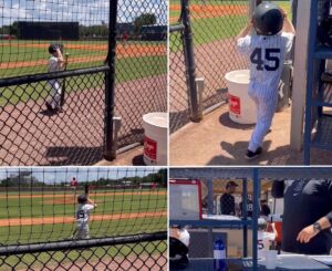 Son Caden is doing the job of batboy during Gerrit Cole's live batting practice session in Tampa, on May 25, 2024.
