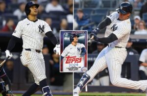 Yankees' Juan Soto is hitting his first homer at Yankee Stadium vs. the Marlins on April 8, 2024, and his cover athlete image on Topps Series 2.