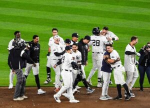 The Yankees are celebrating after Rizzo pulled a 2-1 walk-off win vs. the Tigers at Yankee Stadium on May 3, 2024.