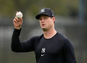 Yankees ace Gerrit Cole is making a throw from a distance of 120 feet at Yankee Stadium on April 24, 2024.