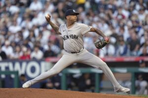 New York Yankees starting pitcher Luis Gil throws to a Los Angeles Angels batter during the first inning of a baseball game Wednesday, May 29, 2024, in Anaheim, Calif.