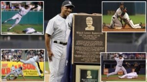 Willie Randolph poses for photograph with a plaque he was awarded during opening ceremonies for the Old-Timers' Day baseball game Saturday, June 20, 2015, at Yankee Stadium in New York. Inset: Yankees second base defense in various years.