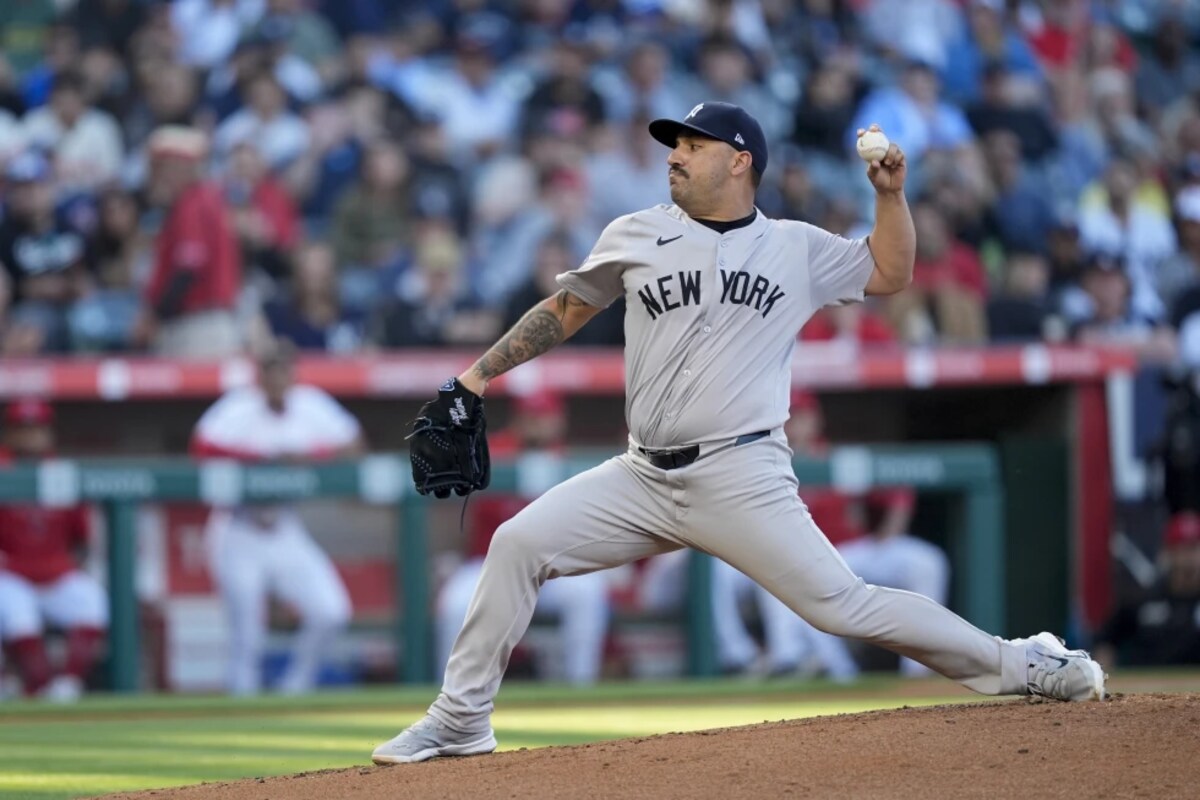 New York Yankees starting pitcher Nestor Cortes throws during the first inning of a baseball game against the Los Angeles Angels, Tuesday, May 28, 2024, in Anaheim, Calif.