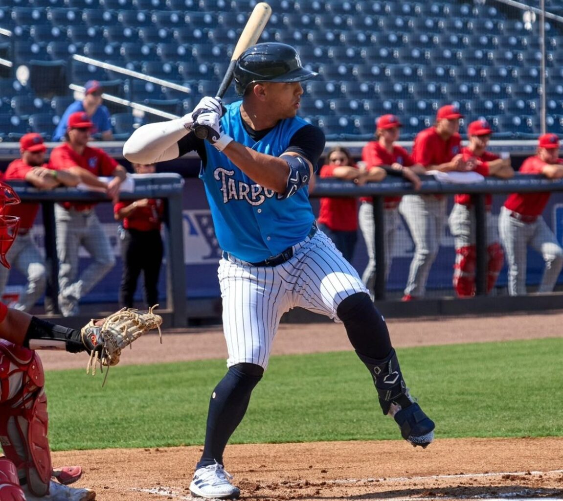 Yankees infielder Oswald Peraza hits a home run in his first rehab with Single-A Tampa at George M. Steinbrenner Field on May 8, 2024.