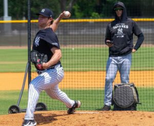 Gerrit Cole is pitching during his 43-pitch live session at the Yankees Minor League complex in Tampa on May 30, 2024.