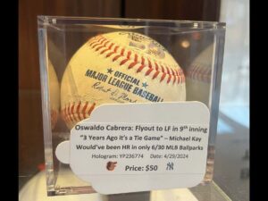 The Orioles store at Camden Yards puts up this ball on sale as part of it strategy to troll the Yankees and Michael Kay, May 1, 2024.