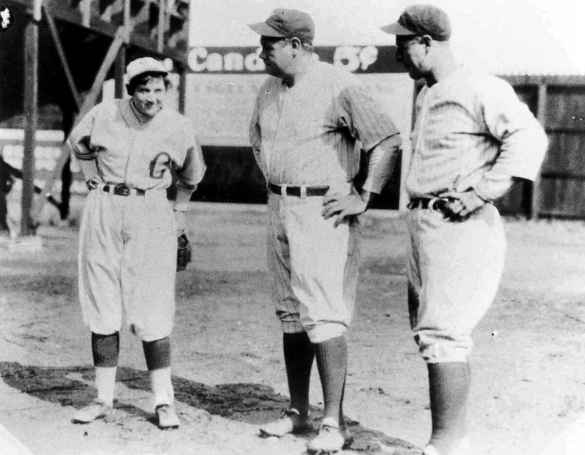 Yankees legends Lou Gehrig and Babe Ruth meet female phenom Jackie Mitchell, who struck out both superstars in Chattanooga, Tennessee, on April 4, 1931.