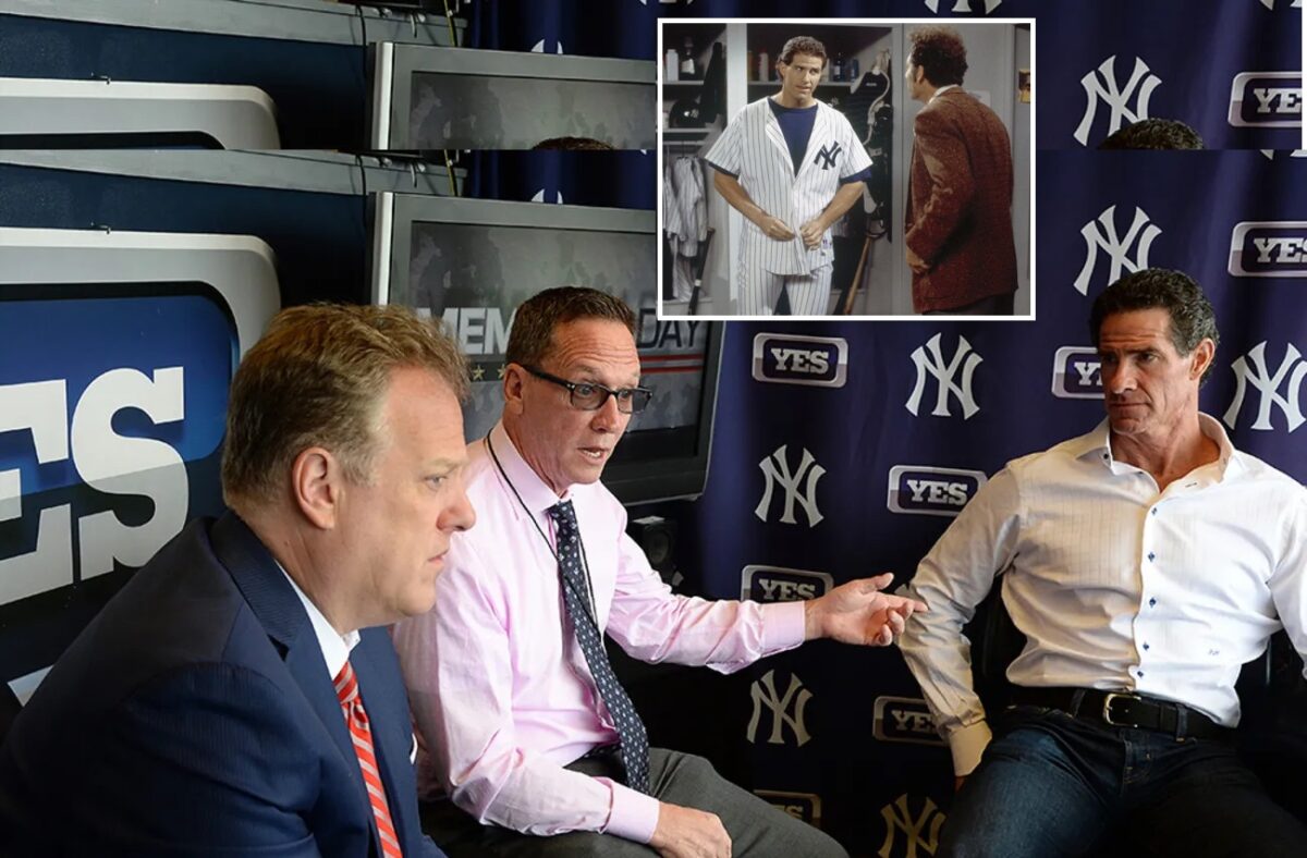 Michael Kay, David Cone and Paul O’Neill in the YES booth in 2018. Inset, O'Neil in Seinfeld episode titled "The Wink."