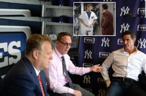 Michael Kay, David Cone and Paul O’Neill in the YES booth in 2018. Inset, O'Neil in Seinfeld episode titled "The Wink."