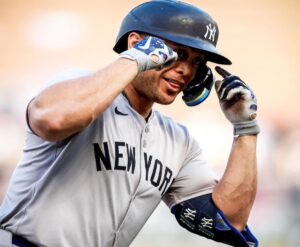 New York Yankees slugger Giancarlo Stanton reacts after hitting a 114-mph a home run against the Minnesota Twins’ on May 14, 2024, in Minneapolis.