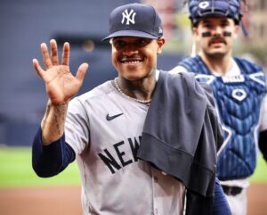 Yankees starting pitcher Marcus Stroman waves to crowd after pitching six scoreless innings against the Padres in San Diego on May 25, 2024.