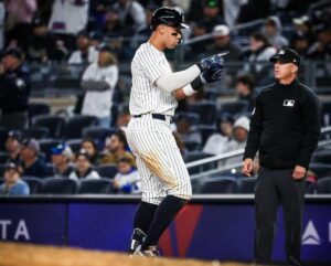 Aaron Judge celebrates the Yankees' ninth-inning rally against the Tigers at Yankee Stadium on May 3, 2024.