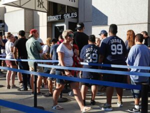 Yankees fans outside the ticket counter at Yankee Stadium.